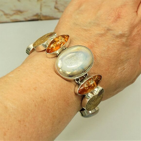 Rare Multi Stone 925 Silver Link Toggle Bracelet With Amber Ammonite Druzy MOP - Picture 14 of 16